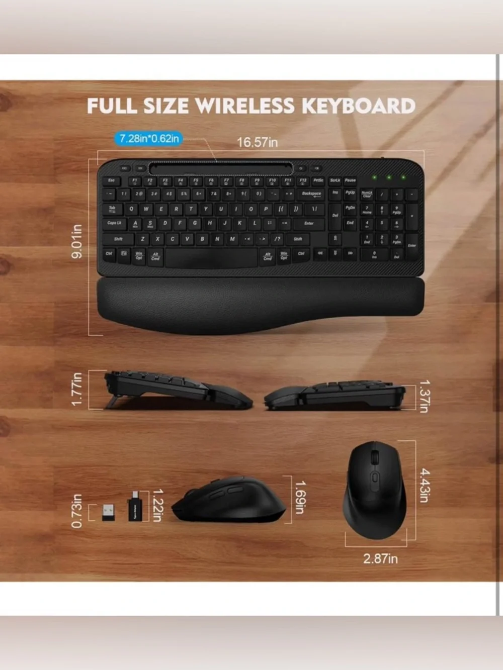 Wireless Keyboard and Mouse Combo, Wave Keys Full-Sized Ergonomic Keyboard
